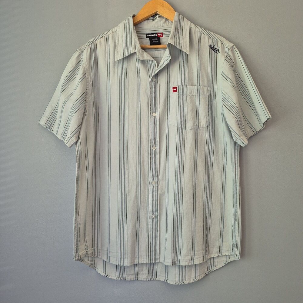 Tony Hawk Light Blue Striped Button Up Short Sleeve Logo Shirt Mens Medium